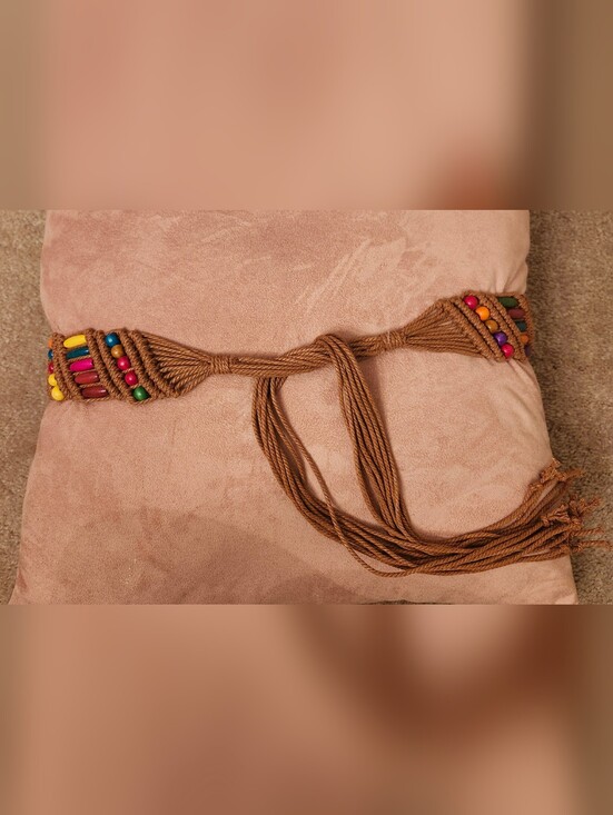 Boho Beaded Macramé Belt - Multicolor Beads on Brown Cord main image 5